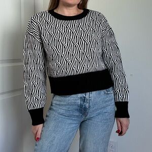 Black & White Mini Braid Pattern Cropped Pullover Crew Neck Sweater
